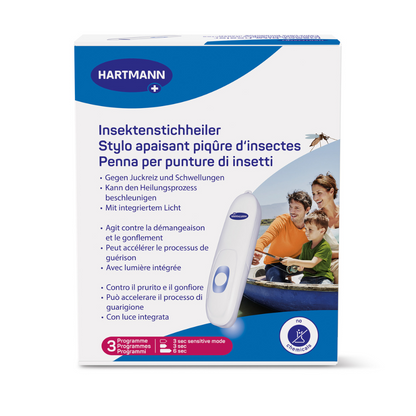 Packaging of a portable, multilingual HARTMANN insect bite healer, showing images of the product along with a smiling family in the background.