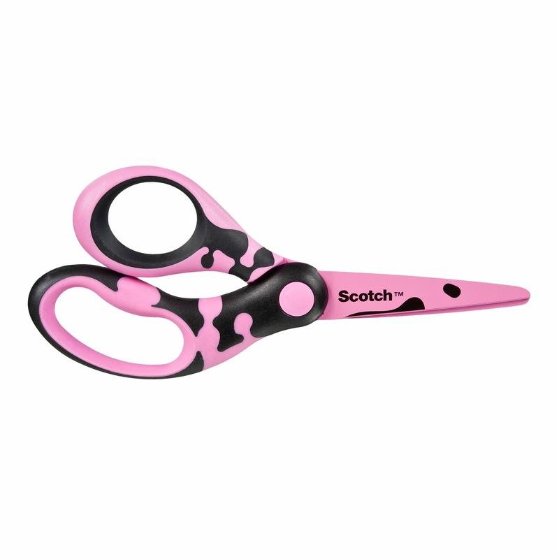 The Scotch™ DECO children's scissors (13 cm) from 3M Deutschland GmbH, here in pink with black cow spots and rounded tips, is ideal for craft projects. Available in various designs (green, blue, or pink), 1 per package.