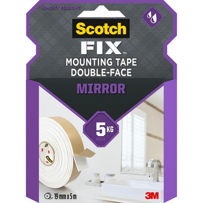 The purple packaging of the Scotch-FIX™ Mirror Mounting Tape 4496W (3M Deutschland GmbH) shows how it holds a mirror above a sink. It is moisture-resistant, supports up to 5 kg, and measures 19 mm x 5 m - ideal for mounting mirrors.