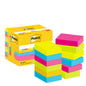Pacáiste de 3M Deutschland GmbH Post-it® Notes, Energetic Collection, 38x51 mm, 100 bileog/bloc, 12 bloic/pacáiste i mbosca deimhnithe PEFC - idéalach chun eagrú oifige i ndathanna geala agus le trádmharc.
