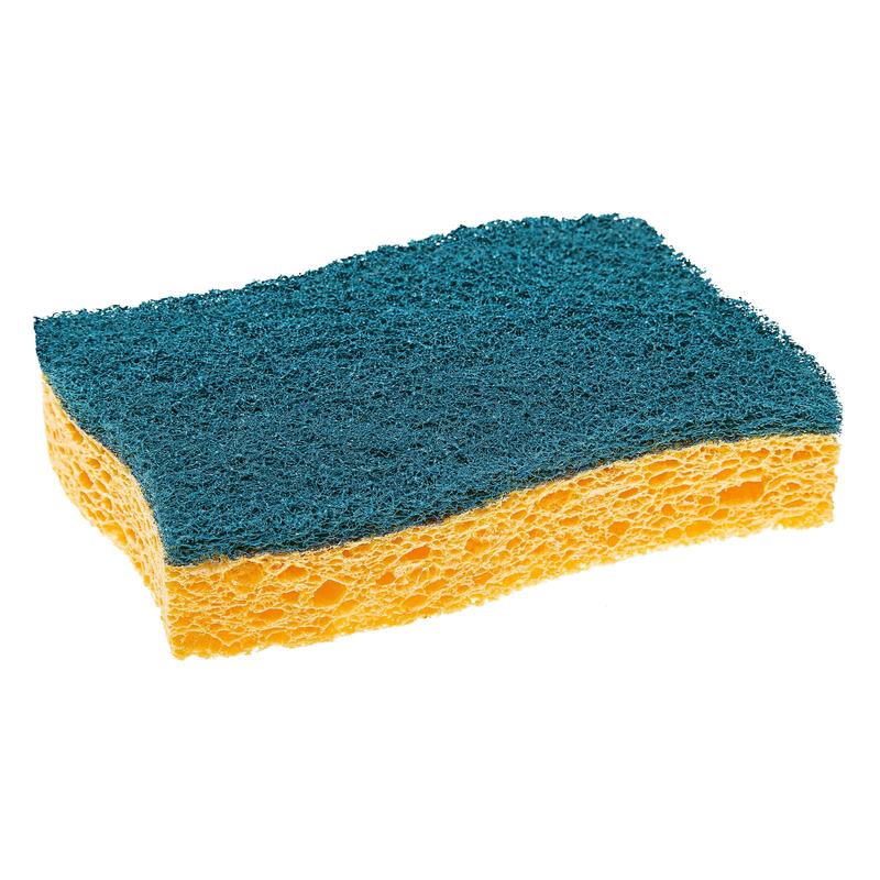 A Scotch-Brite® Delicate non-scratch natural fiber cleaning sponge from 3M Germany GmbH, yellow with a green scouring side, for delicate surfaces, 2 pieces per pack, depicted on a white background.