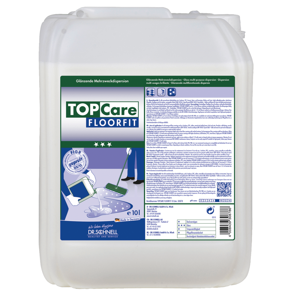 A large white plastic container Dr. Schnell TOPCARE FLOORFIT from DR.SCHNELL GmbH & Co. KGaA with a blue-green label with product information, instructions, symbols, and an image of a mop with a shiny floor for streak-free results.