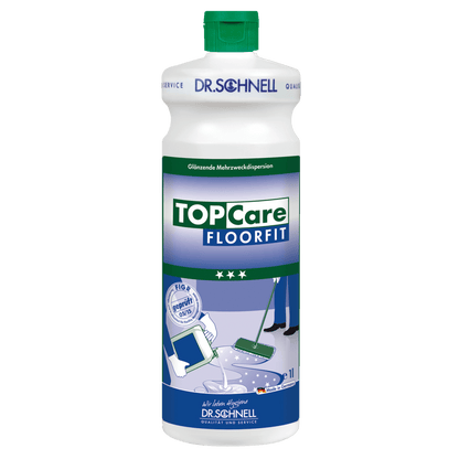 A white 1-liter bottle of DR.SCHNELL GmbH & Co. KGaA Dr. Schnell TOPCARE FLOORFIT with a green cap and a label featuring mop and tablet motifs, German text, is ideal for professional, streak-free floor cleaning as a multipurpose solution.