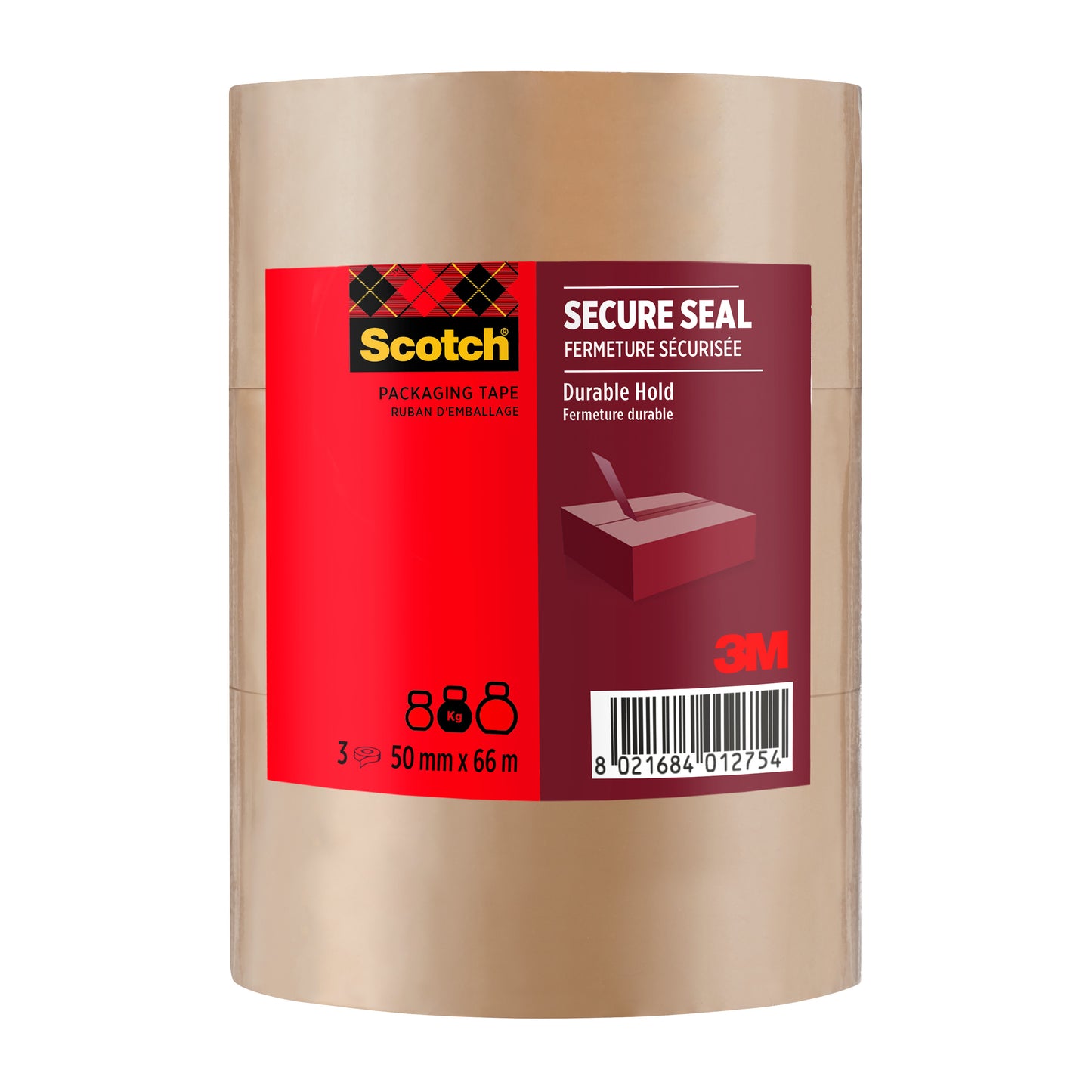 Eine Rolle Scotch® Verpackungsklebeband für einen sicheren Verschluss, 50 mm x 66 m, von 3M Deutschland GmbH ist mit einem roten Etikett mit Produktangaben und einem Barcode versehen; das Band ist transparent.