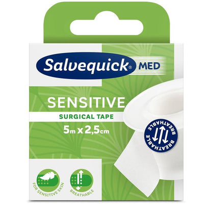 Box with Salvequick OP adhesive tape 6-5x2.5 by Orkla Wound Care AB (1 piece), 5m x 2.5cm. Green and white packaging highlights hypoallergenic, breathable tape for sensitive skin, with symbols and partially visible roll.