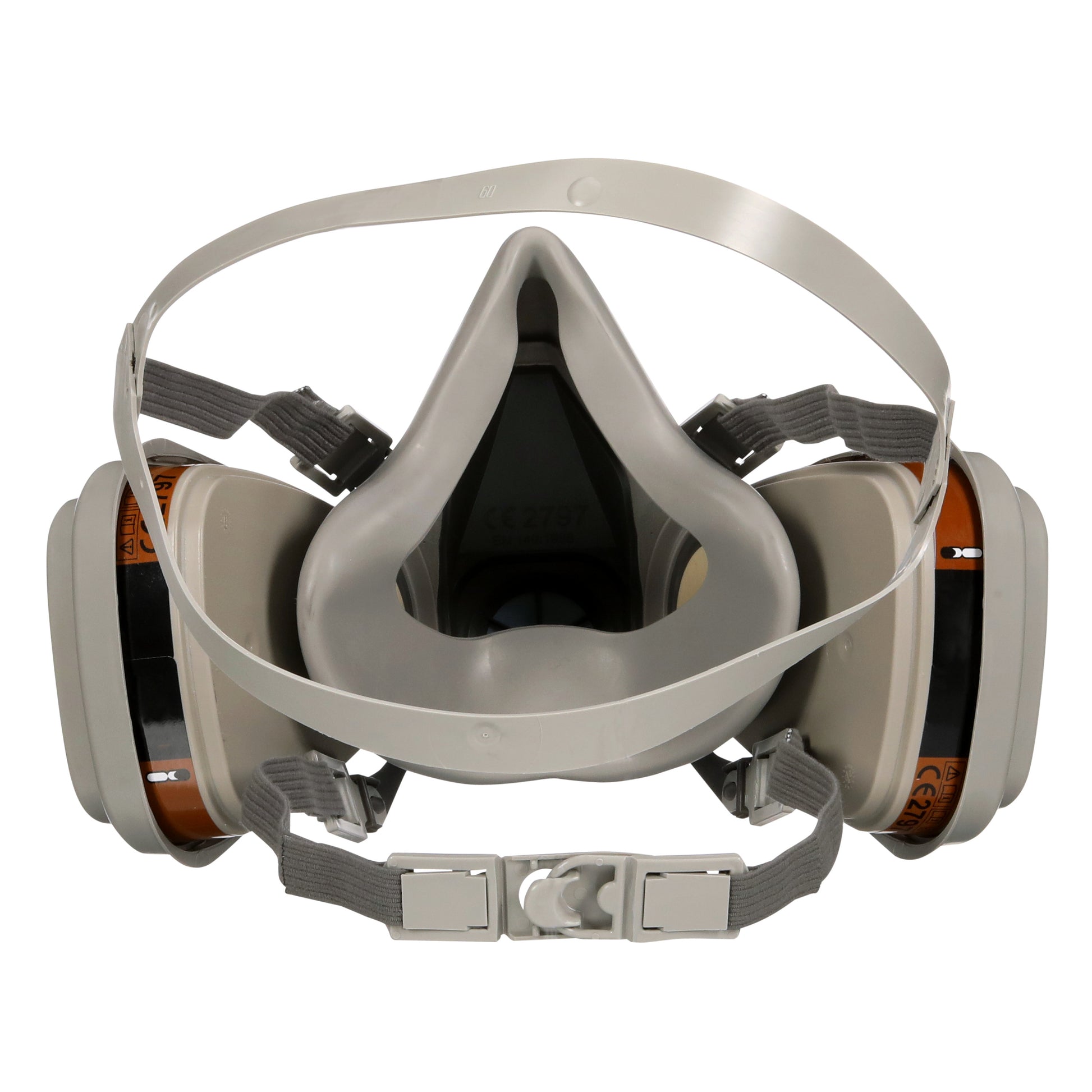 Die 3M™ Atemschutzmaske 6002KIT-1 von 3M Deutschland GmbH mit austauschbaren A2P2-Filtern für organische Dämpfe ist in Grau mit verstellbaren Bändern abgebildet, frontal vor weißem Hintergrund (1x6200, 2x6055, 2x5925, 2x501).