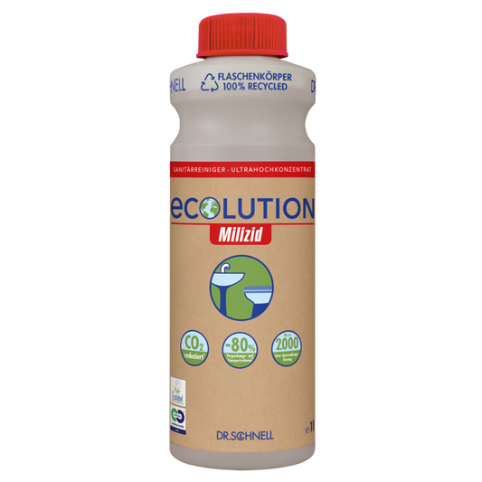 Eine 1L-Flasche Dr. Schnell ECOLUTION MILIZID Ultrahochkonzentrat Sanitärreiniger und Kalklöser ist mit Öko-Symbolen - 100% recycelt, CO₂-reduziert, 80% weniger Plastik - der DR.SCHNELL GmbH & Co. KGaA, mit einer roten Kappe.