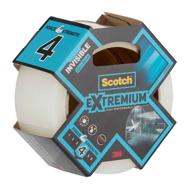A roll of Scotch® Extremium™ INVISIBLE High-Performance Tape (20 m x 48 mm) from 3M Deutschland GmbH in the packaging shows the brand, features, and strength class 4. This invisible tape offers strong, discreet holding power.
