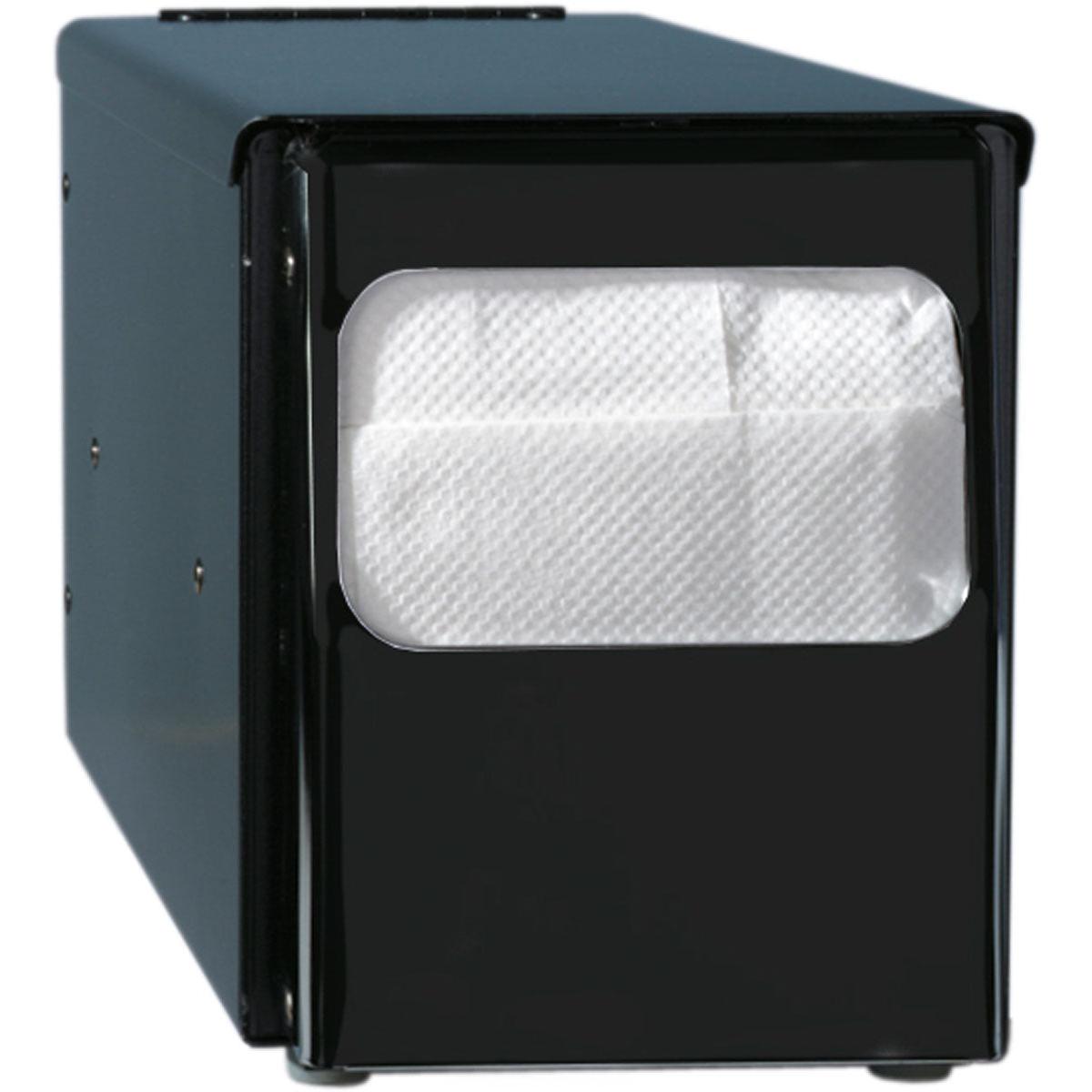 The Duni GmbH table dispenser napkins 25x30 cm, single-ply, black for gastronomy made of metal in a rectangular shape with a transparent window shows white napkins inside and stands on a white background.