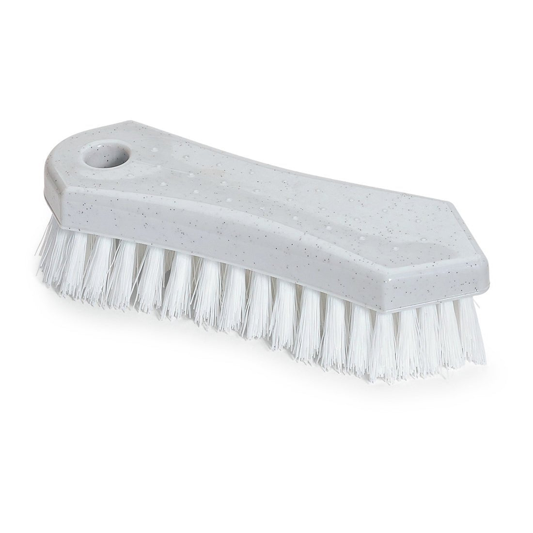 Tá an scuab ilchuspóireach Nölle Profi Brush 18 cm ó Nölle Profi Brush Bürsten- & Pinseltechnik e.K. feistithe le brístí crua PP agus poll láimhseála, oiriúnach chun glanadh, anseo i plaisteach liath ar chúlra bán.