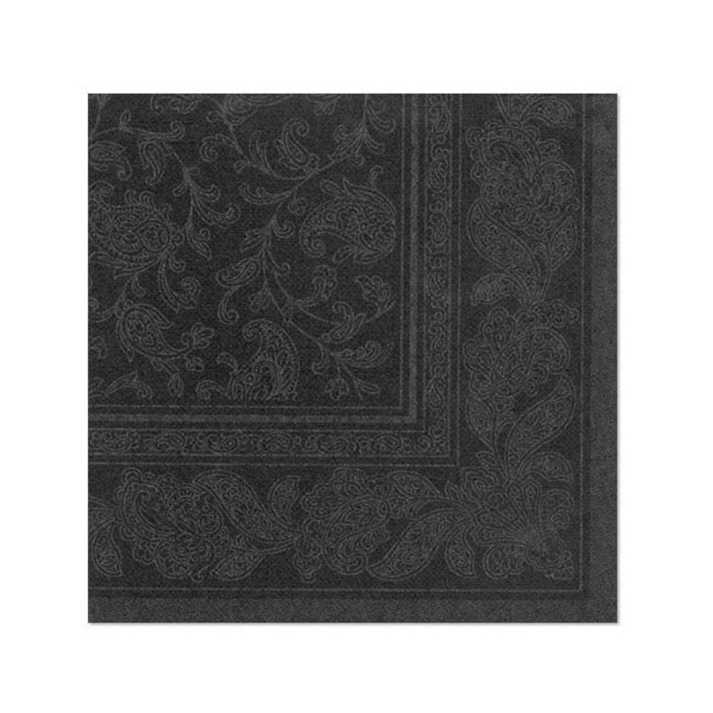 Ein quadratisches schwarzes Textil mit einem komplexen Paisleymuster, das mit floralen Motiven verziert ist, vergleichbar mit den PAPSTAR Servietten „Ornaments“ der „ROYAL Collection“ der PAPSTAR GmbH. Das Design zeichnet sich durch komplizierte Ränder und mehrere Schwarztöne aus, wodurch ein strukturierter Look entsteht, der die Raffinesse der Premium-Tissue-Servietten widerspiegelt.