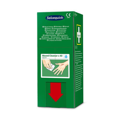 Bosca glas le "Salvequick savett wundreiniger (0.9% NaCl, steiriúil) 40 píosa" ó Orkla Wound Care AB tá 40 éadach glantacháin créachta ann. Taispeánann an taobh tosaigh lámha le héadach, faisnéis ilteangach agus saighead dearg síos.