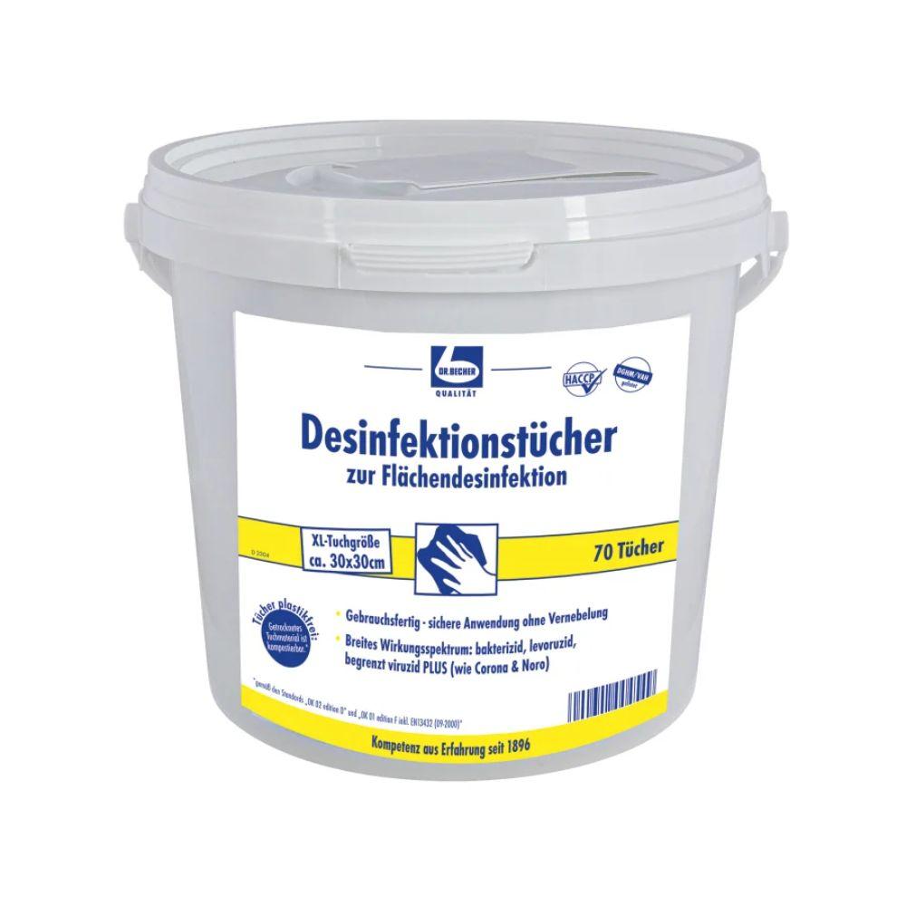 Die Dr. Becher Desinfektionstücher für Flächendesinfektion der Dr. Becher GmbH werden in einem weißen Behälter mit blau-gelbem Etikett geliefert, das auf die rückstandslose Desinfektion von Oberflächen hinweist. Der Behälter fasst 70 Tücher à 30 x 30 cm und verfügt über einen praktischen Deckel und Tragegriff.