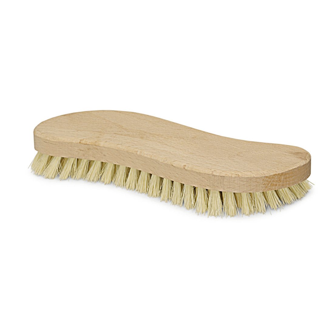 The Nölle Profi Brush Scrubbing Brush Thermo-PET S-Form (20 cm) by Nölle Profi Brush Brush & Paintbrush Technology e.K. is a heat-resistant wooden scrubbing brush with stiff, light bristles and an ergonomically curved handle, depicted on a white background.