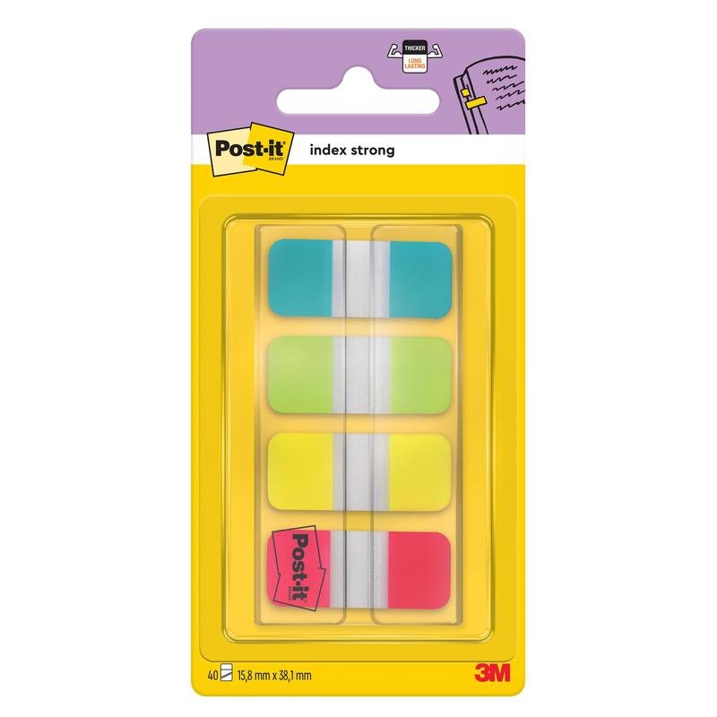 The Post-it® Index Strong Filing Tabs, Mini (15.8 mm x 38.1 mm) in Yellow, Red, Blue, and Green from 3M Deutschland GmbH come as 40 sticky tabs/dispenser (1 piece), ideal for organizing documents - a package with a plastic dispenser.