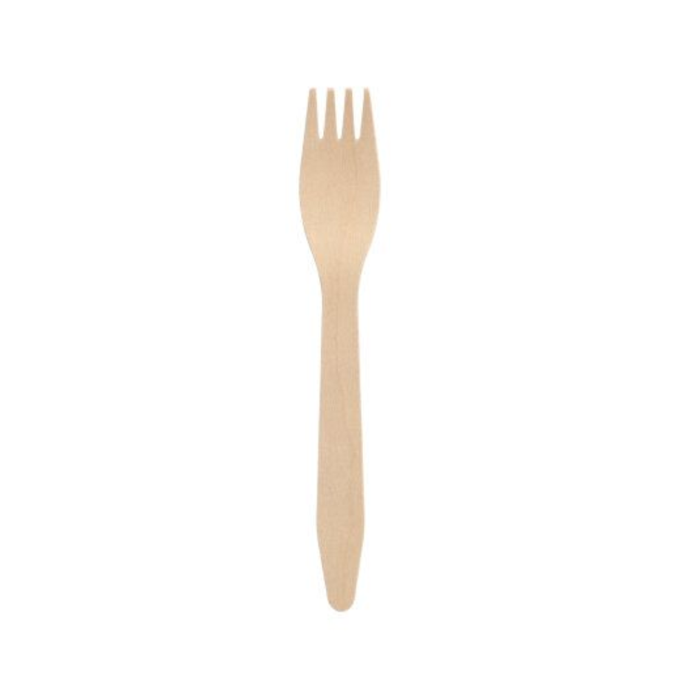 A single PAPSTAR wooden fork "pure" (16.5 cm), light brown with a flat handle and four short tines, rests on a simple white background - an eco-friendly choice for disposable tableware, from PAPSTAR GmbH (100 pieces folding box).