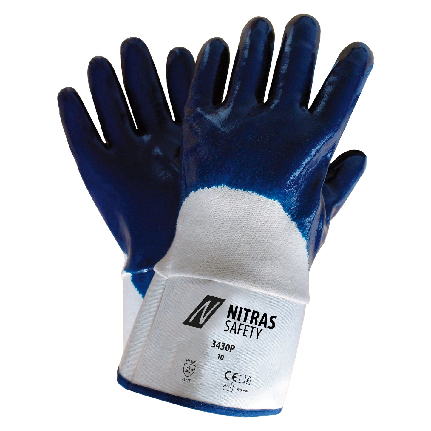 NITRAS nitrile gloves, white / blue, EN 388 cotton jersey | Pack (12 pairs)