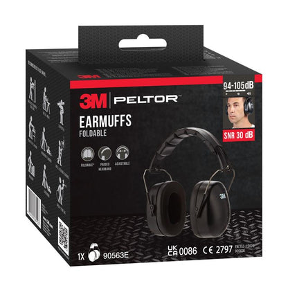 A box of 3M™ capsule hearing protector with foldable headband 90563E, Black (1 piece) from 3M Deutschland GmbH shows the product image, brand logo, and features like padded headband, adjustable fit, SNR value 30 dB, and protection up to 105 dB.
