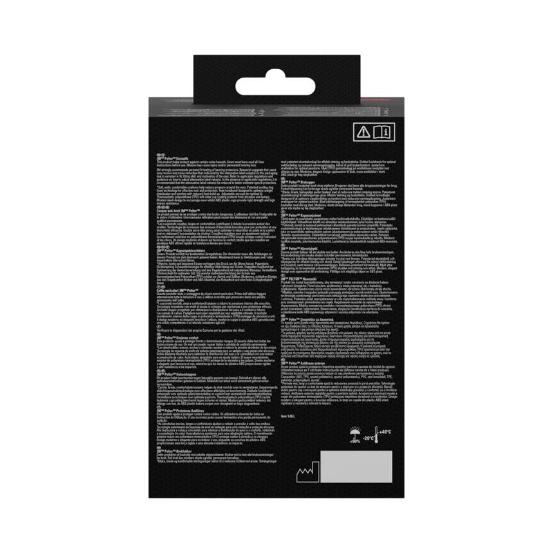 The back of a black 3M™ PELTOR™ Comfort Earmuffs packaging from 3M Deutschland GmbH shows multilingual white text blocks, symbols at the top right, and a small barcode at the bottom right, with most text unreadable due to image resolution.