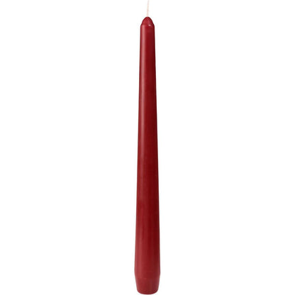 A single dark red taper candle from Duni GmbH (250 x 22 mm, approx. 7h burn time) with a slightly pointed tip and visible wick stands upright against a white background.