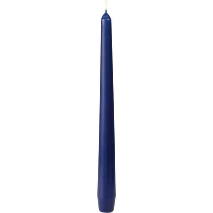 A single dark blue taper candle from Duni GmbH (250 x 22 mm, approx. 7h burn time), with a pointed tip and visible wick, stands upright against a white background.