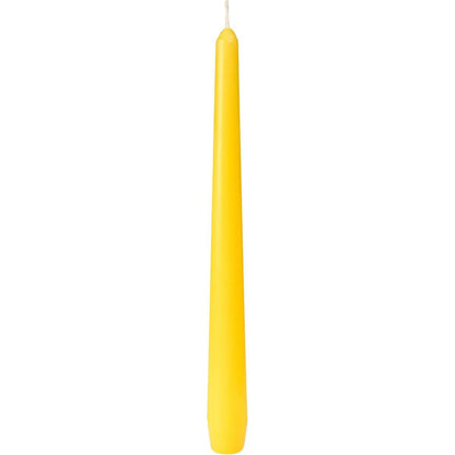 A tall, unlit yellow taper candle from Duni GmbH, approx. 7h burn time, 250 x 22 mm with a smooth surface and white wick, depicted against a white background.