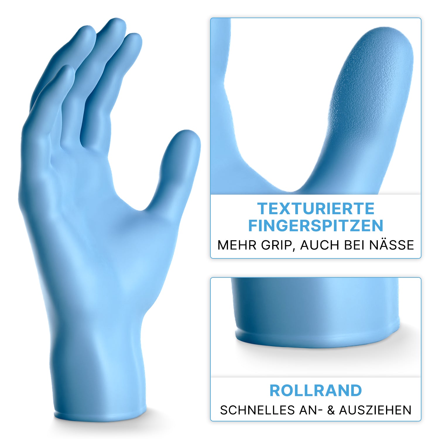 Ein blauer ARNOMED NITRIL BLUE 200er Nitrilhandschuh der ARNOWA GmbH ist aufrecht abgebildet, mit Einsätzen, die die strukturierten Fingerspitzen für die Griffigkeit und eine gerollte Stulpe hervorheben. Der deutsche Text beschreibt diese Einweghandschuhe im 200er Sparpack.