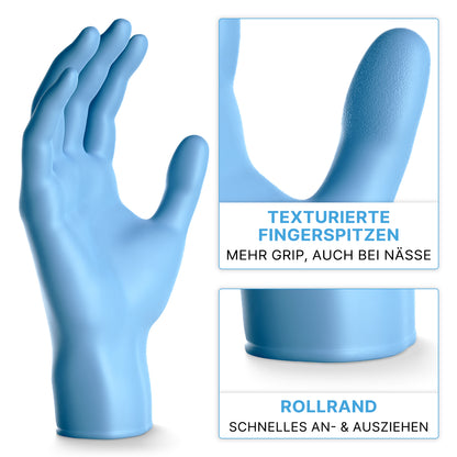 Ein blauer ARNOMED NITRIL BLUE 200er Nitrilhandschuh der ARNOWA GmbH ist aufrecht abgebildet, mit Einsätzen, die die strukturierten Fingerspitzen für die Griffigkeit und eine gerollte Stulpe hervorheben. Der deutsche Text beschreibt diese Einweghandschuhe im 200er Sparpack.