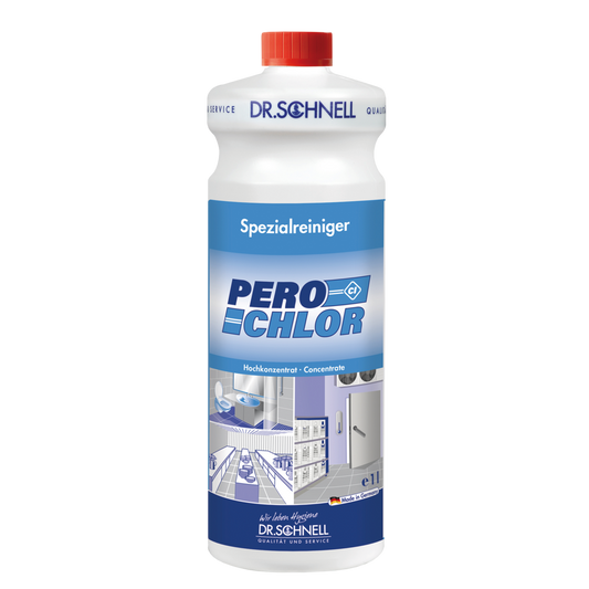 Eine 1L weiße Kunststoffflasche der DR.SCHNELL GmbH & Co. KGaA PERO CHLOR Chlorreiniger für Oberflächen mit roter Kappe und blauem Etikett, beschriftet in Deutsch für professionelle Küchen- und Lebensmittelhygiene.