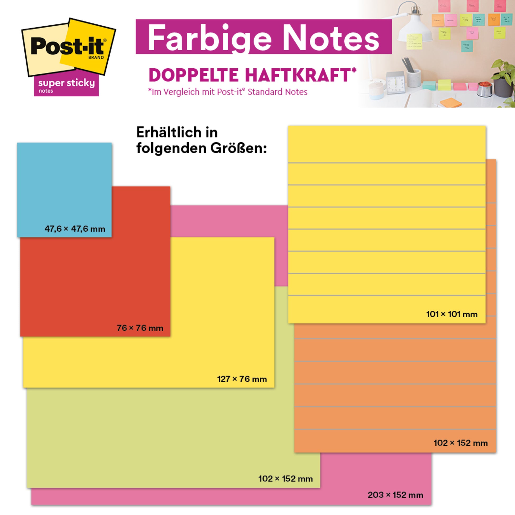 Ein Display mit 3M's Post-it® Super Sticky Notes im Großformat, liniert, in sortierten Farben. Jede Packung enthält vier Blöcke im Format 127 x 203 mm (je 45 Blatt), hergestellt aus 100% PEFC-zertifiziertem Papier.