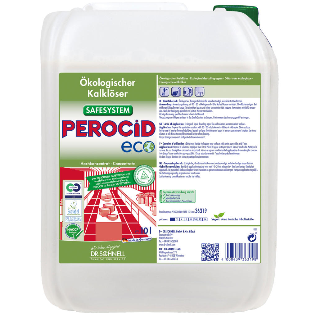 Ein weißer 10-Liter-Behälter mit Dr. Schnell PEROCID ECO Kalklöser für Oberflächen der DR.SCHNELL GmbH & Co. KGaA, mit grünem Etikett mit Produktinformationen, Sicherheitssymbolen und deutscher Anleitung für diesen umweltfreundlichen Oberflächenentkalker.