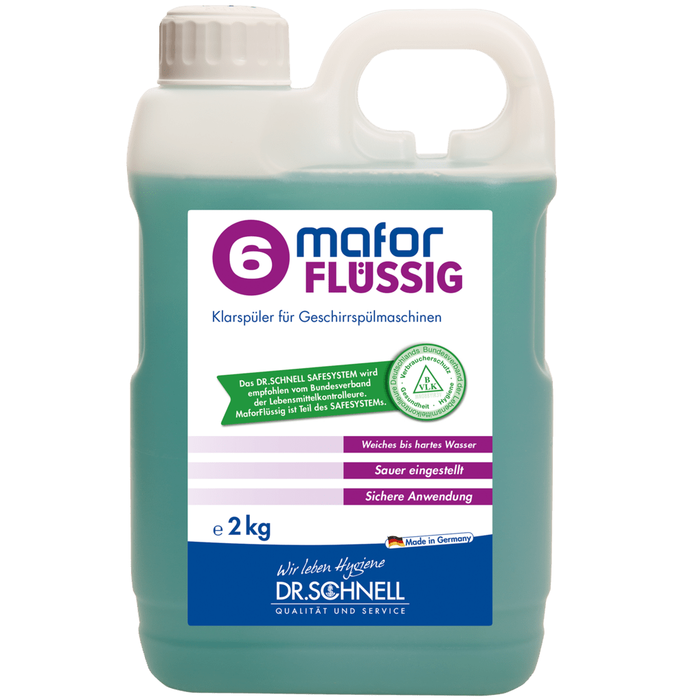 A 2 kg plastic container of DR.SCHNELL GmbH & Co. KGaA's MAFOR LIQUID 6 rinse aid for dishwashers, with a handle and screw cap. The teal-purple label indicates its use as a professional rinse aid for dishwashers.