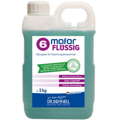 A 2 kg plastic container of DR.SCHNELL GmbH & Co. KGaA's MAFOR LIQUID 6 rinse aid for dishwashers, with a handle and screw cap. The teal-purple label indicates its use as a professional rinse aid for dishwashers.