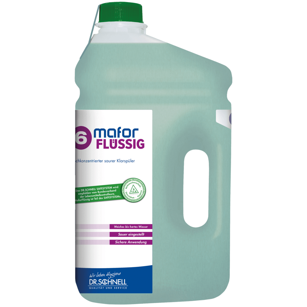 A large, transparent plastic container with a green screw cap and handle contains Dr. Schnell MAFOR LIQUID 6 rinse aid for dishwashers by DR.SCHNELL GmbH & Co. KGaA; it contains a light blue-green liquid and German instructions on the label.