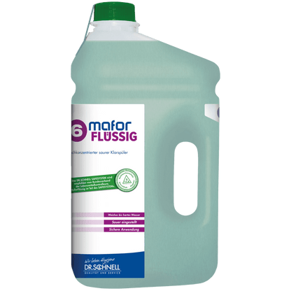 A large, transparent plastic container with a green screw cap and handle contains Dr. Schnell MAFOR LIQUID 6 rinse aid for dishwashers by DR.SCHNELL GmbH & Co. KGaA; it contains a light blue-green liquid and German instructions on the label.