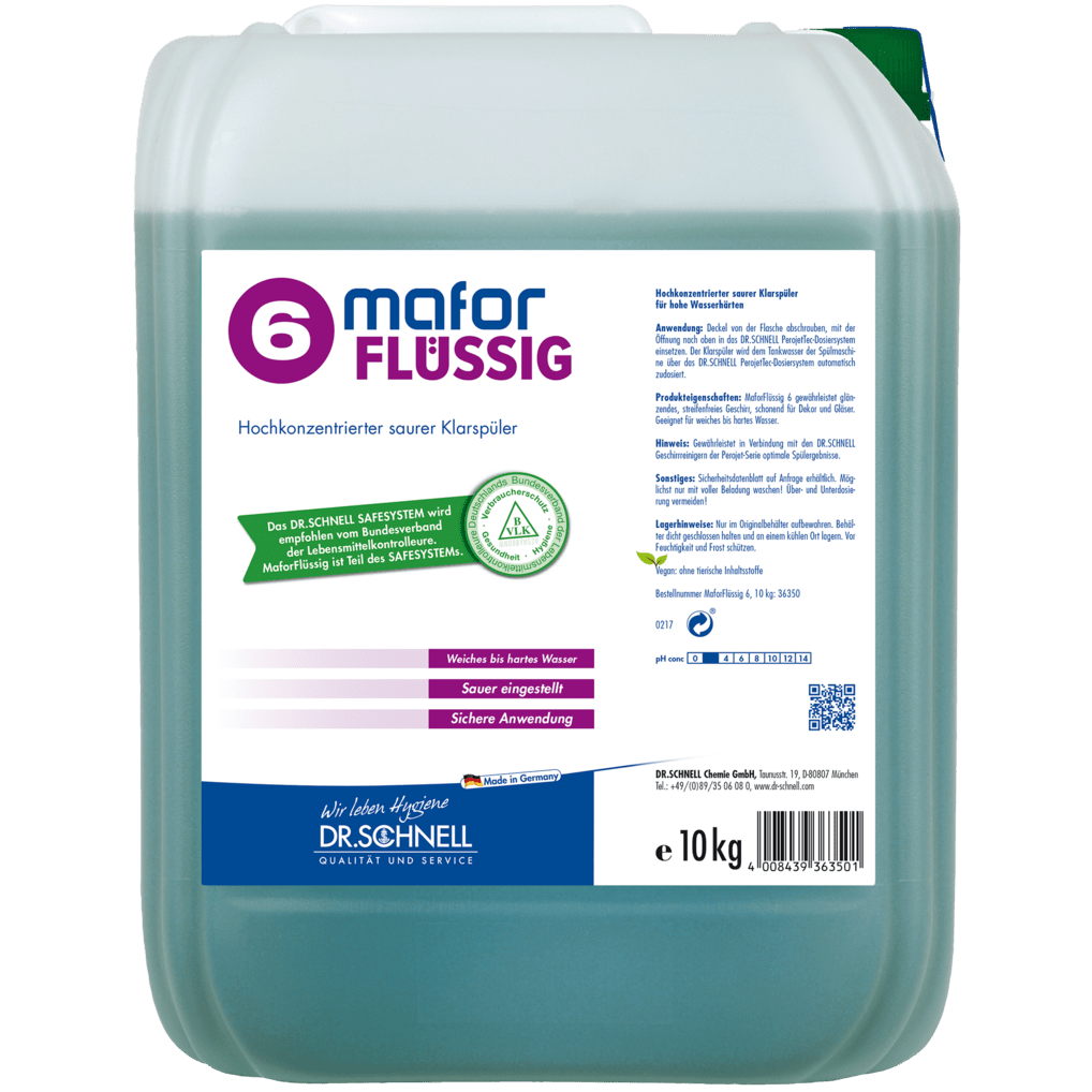 A 10-kg rectangular container of Dr. Schnell MAFOR LIQUID 6 rinse aid for dishwashers by DR.SCHNELL GmbH & Co. KGaA, with German product information and instructions on a white-green-purple label.