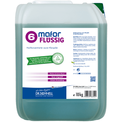 A 10-kg rectangular container of Dr. Schnell MAFOR LIQUID 6 rinse aid for dishwashers by DR.SCHNELL GmbH & Co. KGaA, with German product information and instructions on a white-green-purple label.