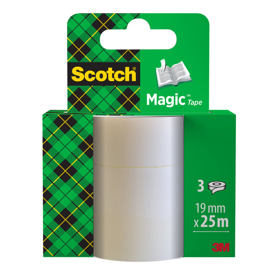 Die 3M Deutschland GmbH bietet das Scotch® Magic™ Unsichtbares Klebeband 8-1925R3 als Nachfüllpackung mit drei Rollen à 19 mm x 25 m im grünen Plaid-Design und sichtbarem Branding auf der Verpackung an.