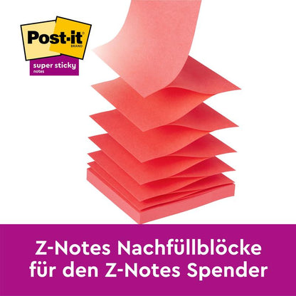 A stack of yellow Post-it® Super Sticky Z-Notes (76 x 76 mm, 90 sheets/pad) from 3M Deutschland GmbH is displayed fanned out. The German text reads: "Z-Notes refill pads for the Z-Notes dispenser." Pack of 20+4 free, PEFC-certified.