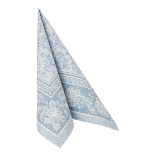Eine blaue, gemusterte Serviette aus der "ROYAL Collection" der PAPSTAR GmbH (40 x 40 cm, 1/4-Falz) ist hochkant gefaltet und zeigt Paisley- und Blumenmuster.