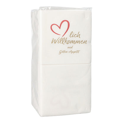 A pack of PAPSTAR 125 napkins, 2-ply "PUNTO", 1/4-fold (20x20 cm, micro-embossed) from PAPSTAR GmbH – adorned with a red heart and the inscription "Welcome and Enjoy Your Meal", perfect for special occasions.