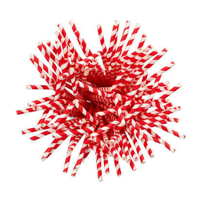 Top view of a large bundle of PAPSTAR GmbH paper straws red/white "Stripes", flexible, 22 cm (200 pieces) arranged in a fan shape on a white background.