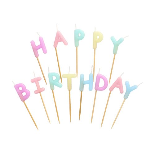 The PAPSTAR letter candle set features pastel-colored letter candles with the inscription "Happy Birthday" (8 cm), each on a wooden stick. Available in pink, yellow, blue, purple, and green. Sold in a box with 12 packs by PAPSTAR GmbH.