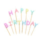 The PAPSTAR letter candle set features pastel-colored letter candles with the inscription "Happy Birthday" (8 cm), each on a wooden stick. Available in pink, yellow, blue, purple, and green. Sold in a box with 12 packs by PAPSTAR GmbH.