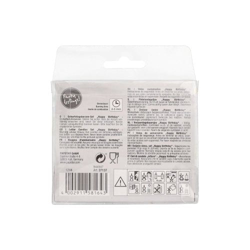 Rear view of the PAPSTAR pastel 8 cm "Happy Birthday" letter candle set (12-pack) by PAPSTAR GmbH, with text, symbols, and instructions in multiple languages on a clear box with a barcode and handling symbols at the bottom.