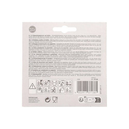 Back of the PAPSTAR GmbH 12 birthday candles on holder 6 cm retail packaging with safety and warning instructions in several languages, safety symbols, barcode, recycling symbols, and a hanging tab at the top.