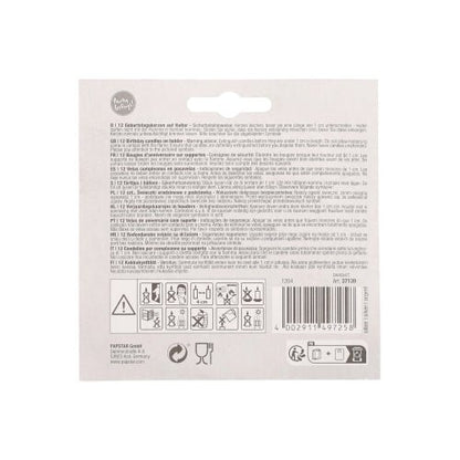 The back of the PAPSTAR 12 birthday candles on holder 6 cm packaging from PAPSTAR GmbH is provided with a multilingual instruction, care symbols, a barcode at the bottom right, and a hanging tab at the top center.
