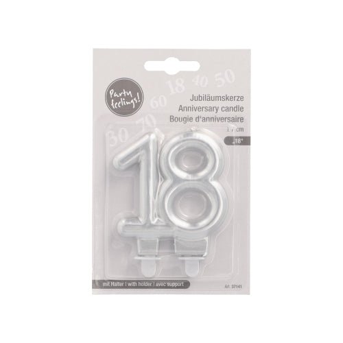 The PAPSTAR GmbH anniversary candles with holder, 7 cm "silver", is a silver number candle in multilingual packaging, ideal for birthdays or anniversaries, and includes a holder for easy use at celebrations.