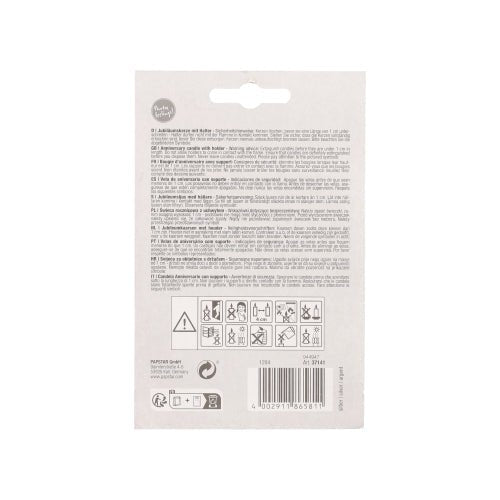 On the back of the PAPSTAR anniversary candles with holder 7 cm "silver" from PAPSTAR GmbH, there are multilingual instructions, safety and recycling symbols, a barcode, and a hanging tab, all in black on a white background.