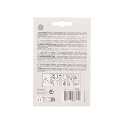 On the back of the PAPSTAR anniversary candles with holder 7 cm "silver" from PAPSTAR GmbH, there are multilingual instructions, safety and recycling symbols, a barcode, and a hanging tab, all in black on a white background.
